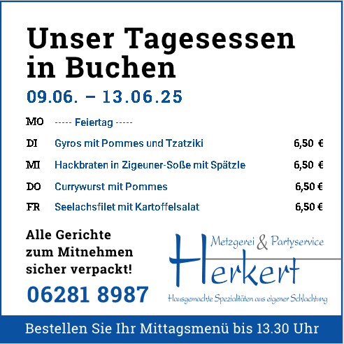 Tagesessen-Wochenplan bei der Metzgerei Herkert in 74722 Buchen